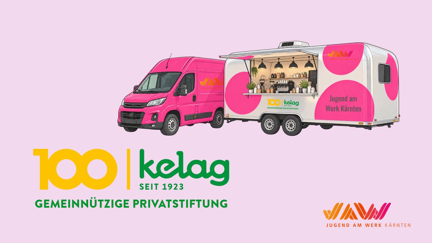 Der JaW-Foodtruck: pinkes Zugfahrzeug mit Anhänger und offener Verkaufsklappe