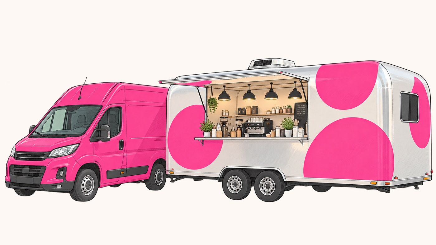 Der Foodtruck mit geöffneter Verkaufsklappe und eingerichteter Küche
