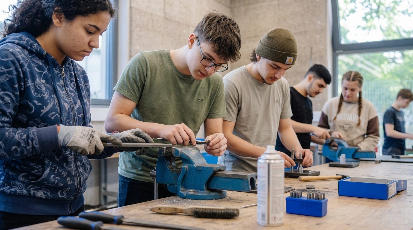 Jugendliche arbeiten in der Technik-Werkstätte an einer Werkbank